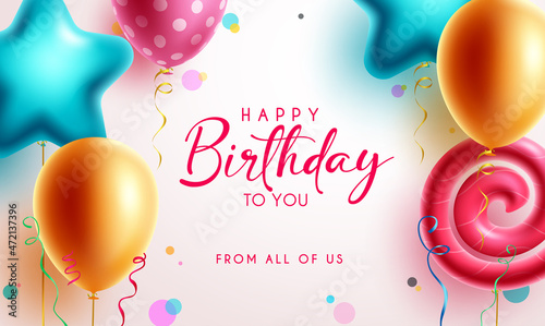 Birthday greeting vector background design. Happy birthday to you text with colorful star and spiral shape balloons element for birth day kids party decoration. Vector illustration.

