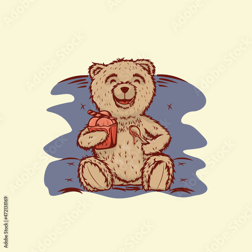 Illustration of a brown teddy bear eating ice cream with a spoon on a cream background