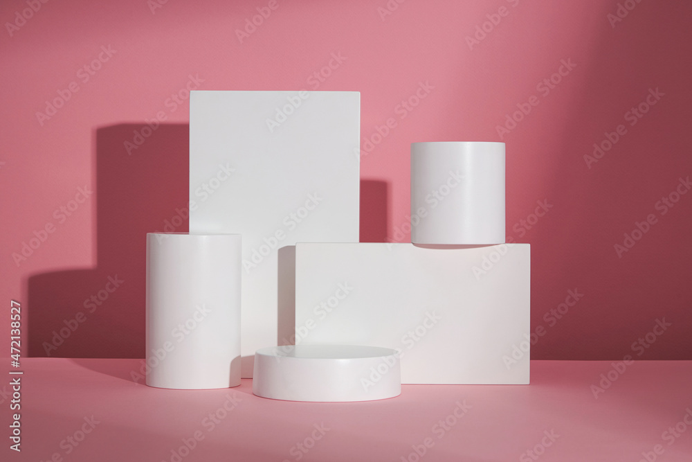Circle , square white podium , in pink background and blank space for advertising , abstract content , front view Circle , square white podium , in pink background and blank space for advertising , abstract content , front view