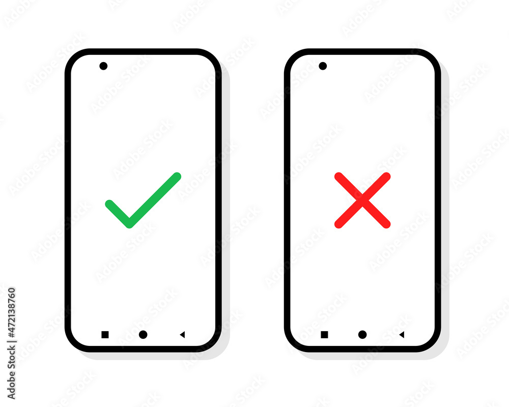 Check mark and cross icon on smartphone screen. Illustration vector Check mark and cross icon on smartphone screen. Illustration vector