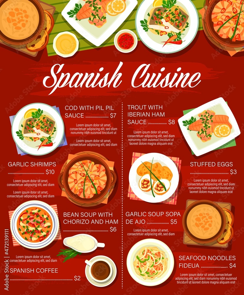Spanish food menu, Spain cuisine dishes and tapas, Mediterranean paella or fideua noodles, vector. Spanish cuisine restaurant food menu meat, seafood fish, garlic soup and traditional coffee drink
