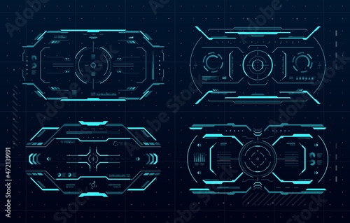 HUD aim control frame interface, futuristic target screen of Sci Fi game ui or gui. Digital monitors with vector hologram crosshairs, neon viewfinder borders and menu bars, future technology