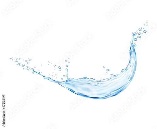 Water splash with wave swirl and liquid drops, vector fresh water aqua. Realistic transparent blue water splashing wave with swirl droplets, clean drink pouring flow with bubbles