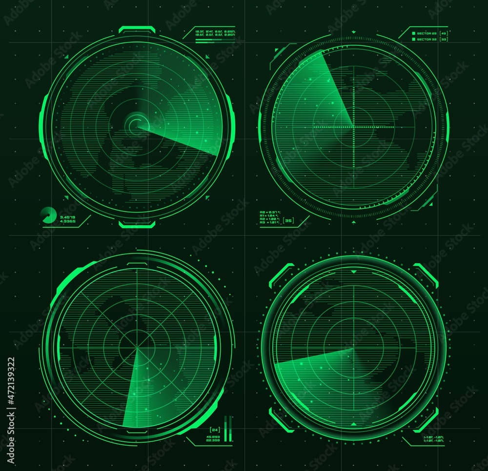 Vettoriale Stock HUD military radar or sonar display screen interface of  submarine, ship and airplane navigation. Futuristic vector digital monitors  with grid map and green neon objects, Sci Fi game ui or