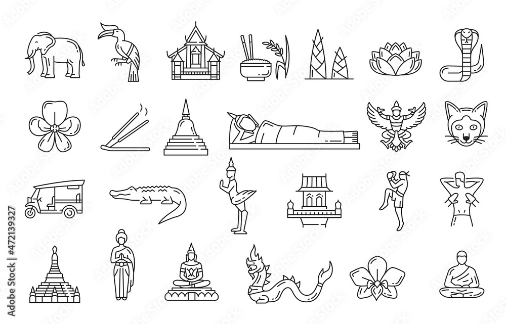 Thailand Travel Landmarks And Thai National Symbols Vector Icons Of pin-on-kick-boxing