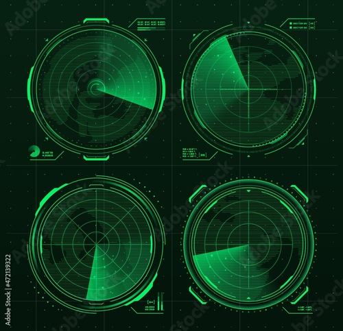 HUD military radar or sonar display screen interface of submarine, ship and airplane navigation. Futuristic vector digital monitors with grid map and green neon objects, Sci Fi game ui or gui