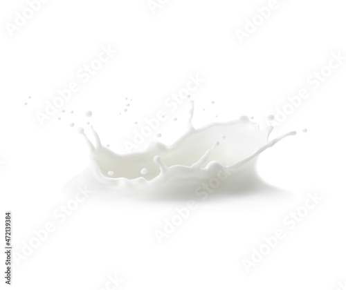 Stampa su tela Milk crown splash with splatters and white milky drops, vector liquid yogurt swirl