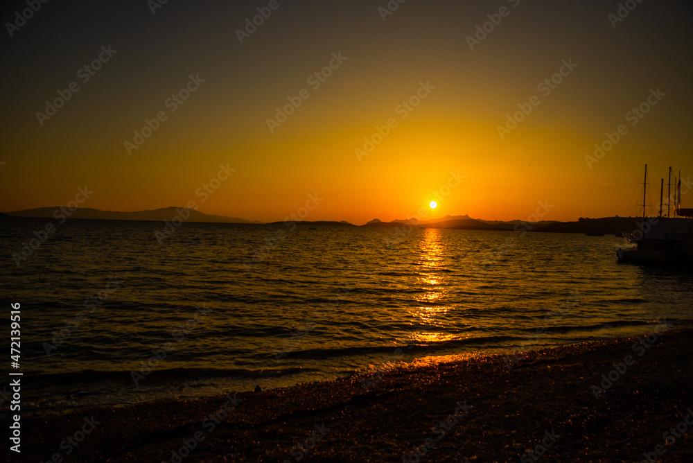 BODRUM, TURKEY: Beautiful landscape with sea view at sunset in Bodrum.
