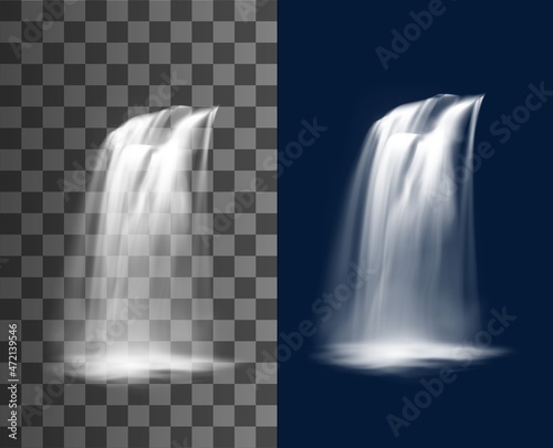 Fototapeta Naklejka Na Ścianę i Meble -  Waterfall cascade, vector pure multiple falling jets. Realistic water fall stream, park fountain or natural cascading 3d element. Falling waterfall, isolated stream with aqua splashes and fog