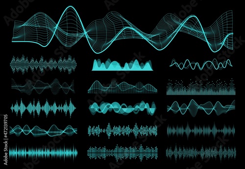HUD sound waves, audio equalizer and voice control frequency flow elements set. Radio signal, music waveform and soundwave spectrum, sound volume, vibration power neon vector curves