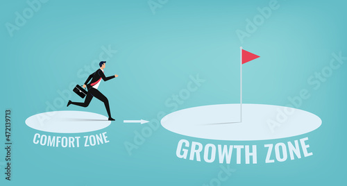Businessman leaves comfort zone. Personal development, motivation and challenge vector illustration concept