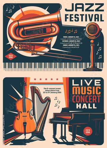 Jazz festival and music concert retro posters. Music live show, band performance or concert hall vector vintage banners with grand piano, harp and contrabass, trombone, euphonium and microphone