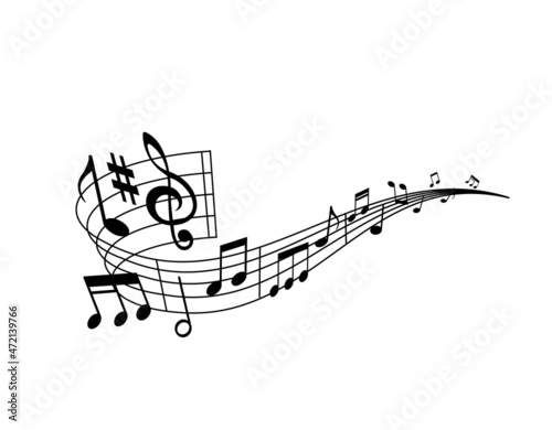 Music wave of musical staff, notes, sharp key, treble clef and bar lines. Vector round swirl with musical notation symbols of classic melody, tune or song, isolated curve of sheet music for piano