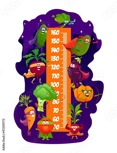 Happy vegetable superhero kids height chart. Vector ruler scale with radish, avocado or spinach, cucumber and pumpkin, eggplant and beet, carrot personages in super hero mask and cape at night city