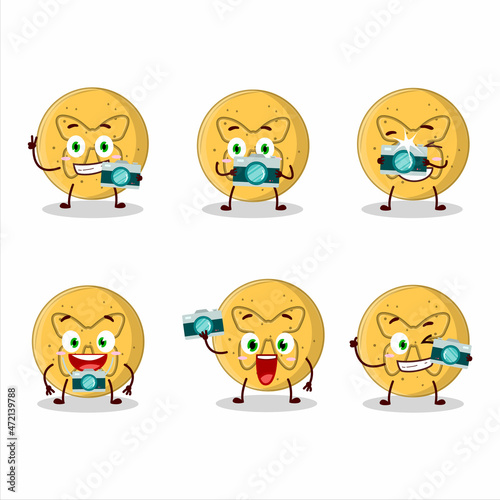 Photographer profession emoticon with dalgona candy butterfly cartoon character