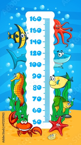 Kids height chart with underwater cartoon sea animals. Vector growth measure meter wall sticker with stadiometer ruler on background with ocean fish, octopus, shark and crab, sea turtle and starfish