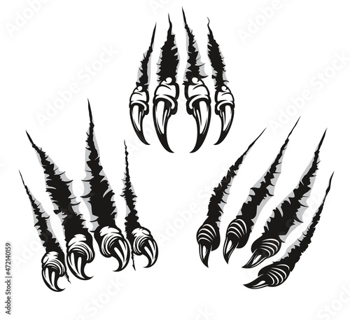 Monster claw mark scratches of dragon with long nails. Vector fingers tear through paper or wall surface. Beast paw sherds, wild animal rips, four talons traces break isolated on white background photo