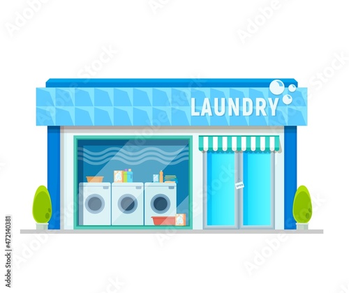 Laundry service building, laundromat or washing shop vector icon. Clothes cleaning room and laundry washing store with washers and dryer machines, business and commercial architecture
