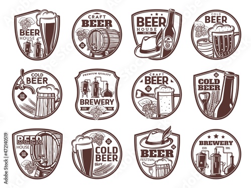 Brewery and craft beer isolated icons of bar and pub alcohol drink vector design. Malt beer bottles, mugs, glasses and barrels, wheat ale or lager pint tankards, barley, hops and brewing tanks