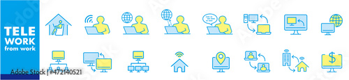 freelance worker, work from home, laptop, pc monitor, workspace, line icons vector. 