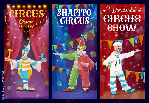 Shapito circus clowns and harlequin characters. Cartoon vector funsters in bright costumes on stage with backstage. Jester artists or performers on big top arena. Carnival show banners set