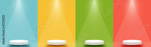 Set of Light Blue, Yellow, Green, Red scene background. White 3d stage podium with spotlights. Pedestal for product display. Minimal style. Vector illustration.