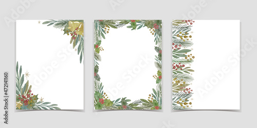 水彩風　クリスマスの植物素材　テンプレートセット　ベクターイラスト