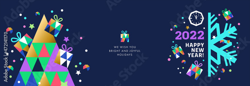 Happy New Year 2022 banner, card, poster, flyer, holiday cover. Modern Christmas design in geometric style with triangle pattern, clock face, gifts, snowflake and confetti on dark blue background