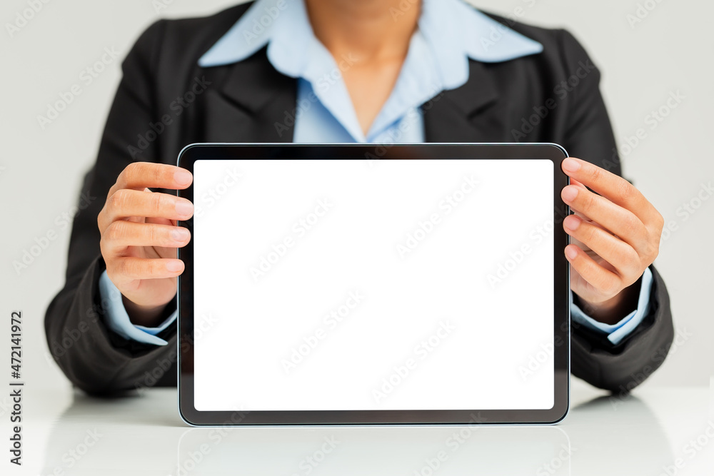 Close up of business woman hold blank tablet screen. Close up of business woman hold blank tablet screen.
