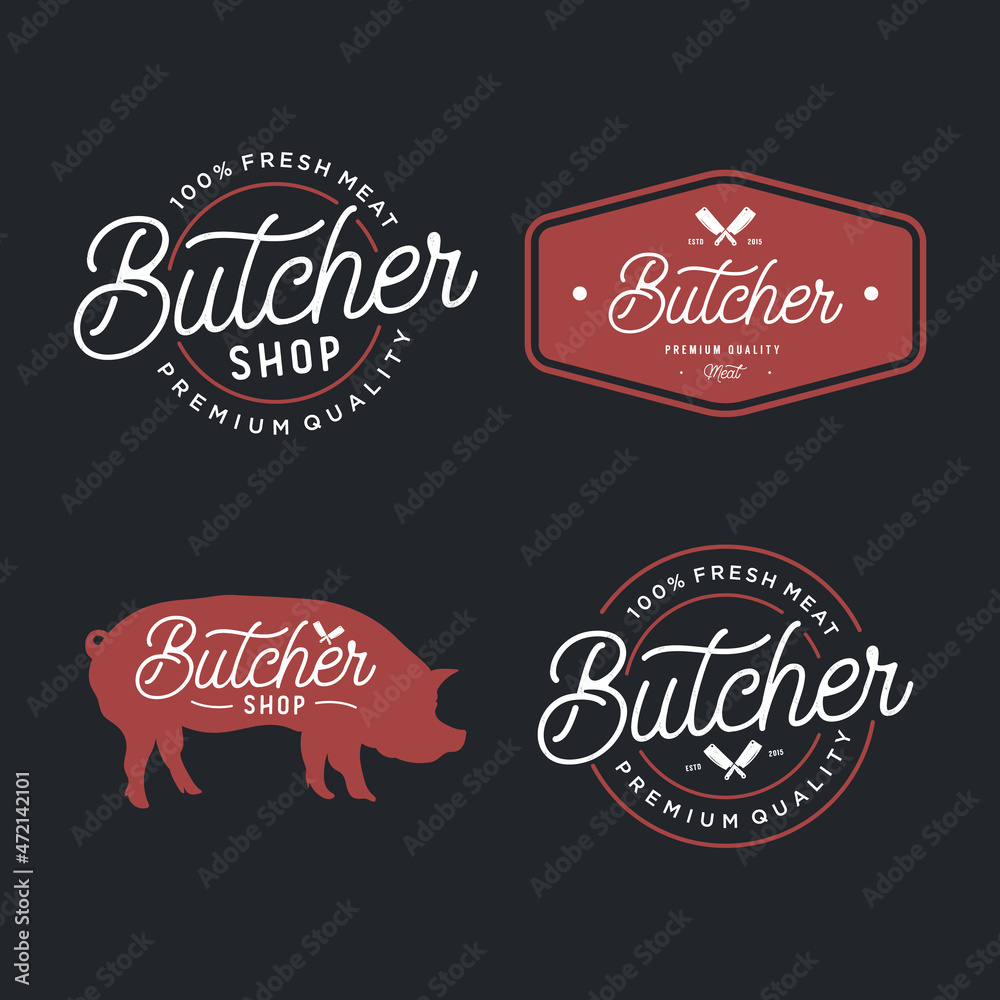 Set of Vintage Butcher Shop lettering logo, label, badge, emblem, sign design template
