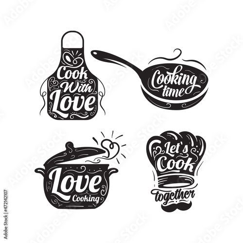 Lettering calligraphy Cooking label set. Cook, food, eat, home baking logo design inspiration