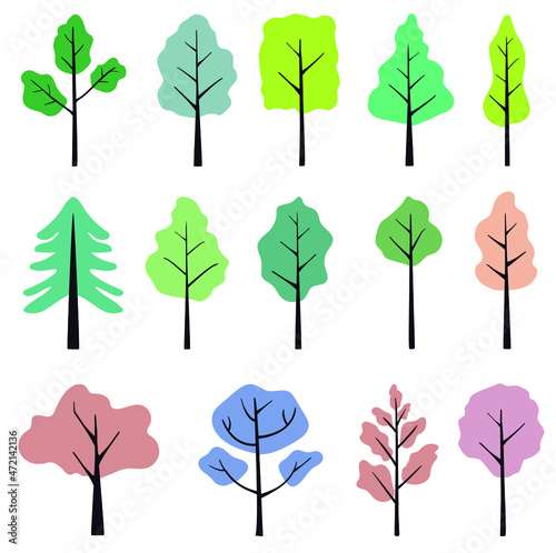 Set de árboles de diferentes formas, colores y tamaños 