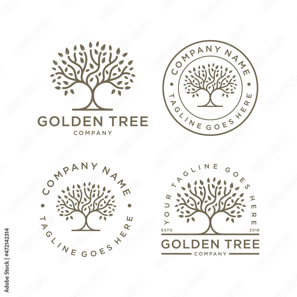 Set of Golden Tree Oak Banyan Maple Emblem logo design vector template