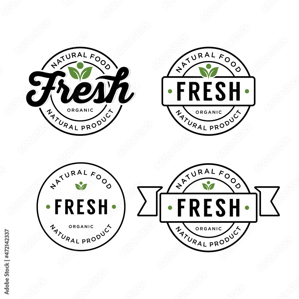 Set of 100% Fresh Organic Food Natural Label Sticker logo design