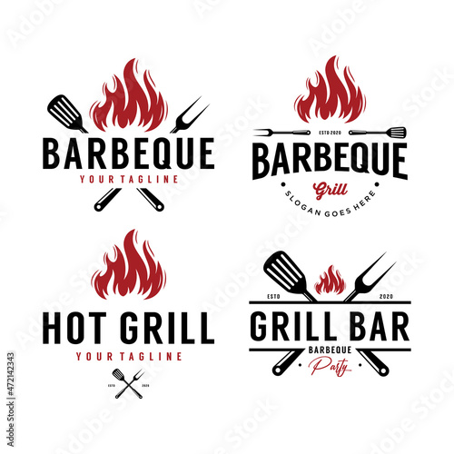 Set of Barbeque, bbq, grill logo with spatula and fire icon design template