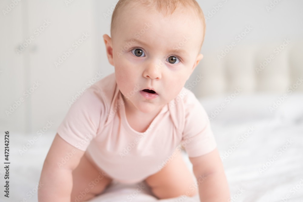 portrait of baby girl 10 months in light pink bodysuit on white bedding on bed portrait of baby girl 10 months in light pink bodysuit on white bedding on bed
