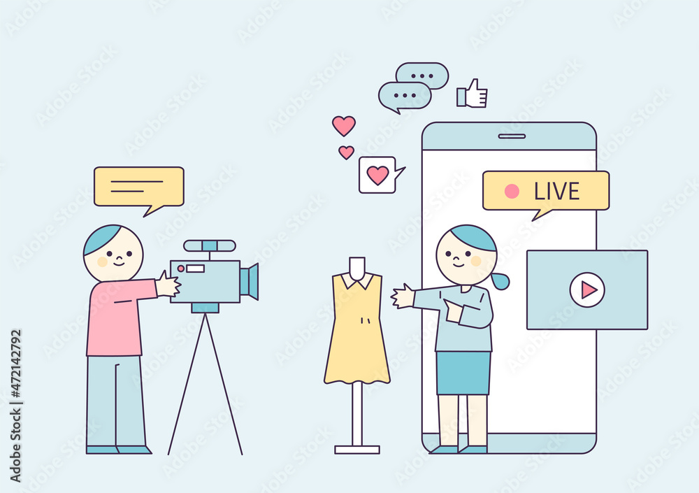 live commerce. The show host explains the product and the cameraman is shooting. People are reviewing on the mobile screen. flat design style vector illustration.