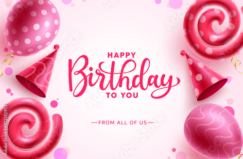 Birthday balloons vector background design. Happy birthday text with pink floating pattern hats and balloon shape element for girly birth day greeting and party celebration. Vector illustration.
