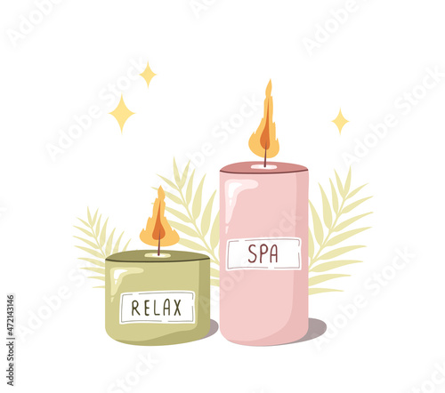 Wax or paraffin candles. Hygge decorative elements for aroma therapy, relax and spa. Vector illustration in flat cartoon style.