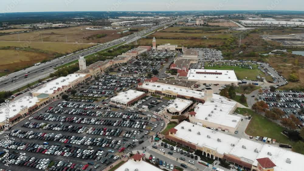Aerial of Black Friday shopping and full parking lot at San Marcos Outlet Mall Shopping Center, Texas. Aerial of Black Friday shopping and full parking lot at San Marcos Outlet Mall Shopping Center, Texas.