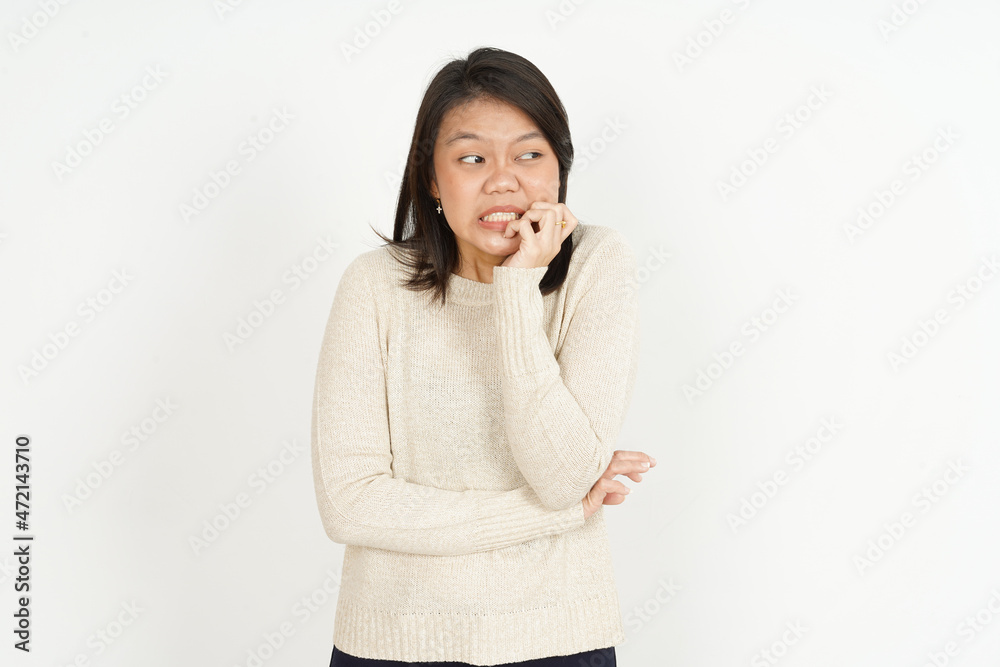 Afraid , nervous and bite nails of Beautiful Asian Woman Isolated On White Background Afraid , nervous and bite nails of Beautiful Asian Woman Isolated On White Background