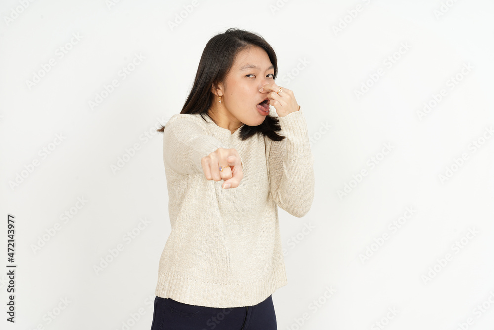 Smelling something stinky and disgusting of Beautiful Asian Woman Isolated On White Background - obrazy, fototapety, plakaty 