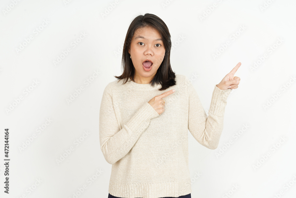 Pointing aside Showing Product of Beautiful Asian Woman Isolated On White Background Pointing aside Showing Product of Beautiful Asian Woman Isolated On White Background