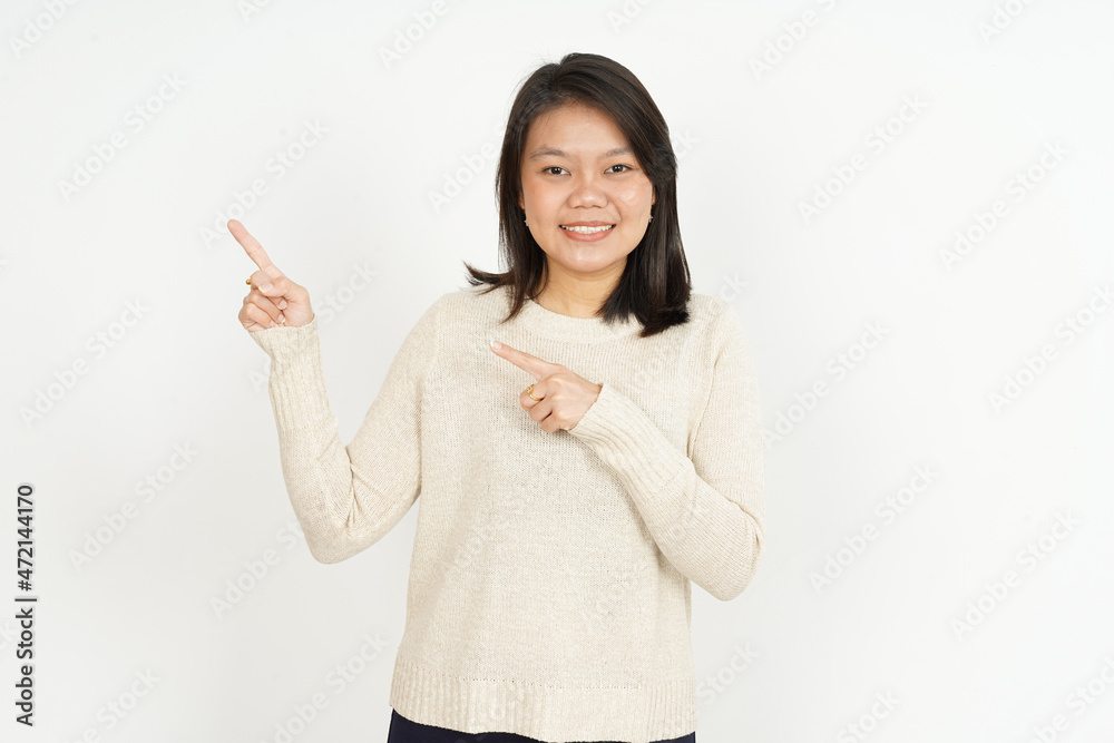 Pointing aside Showing Product of Beautiful Asian Woman Isolated On White Background Pointing aside Showing Product of Beautiful Asian Woman Isolated On White Background
