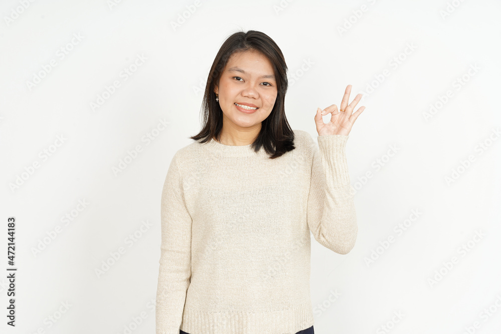 Showing Okay Sign of Beautiful Asian Woman Isolated On White Background Showing Okay Sign of Beautiful Asian Woman Isolated On White Background