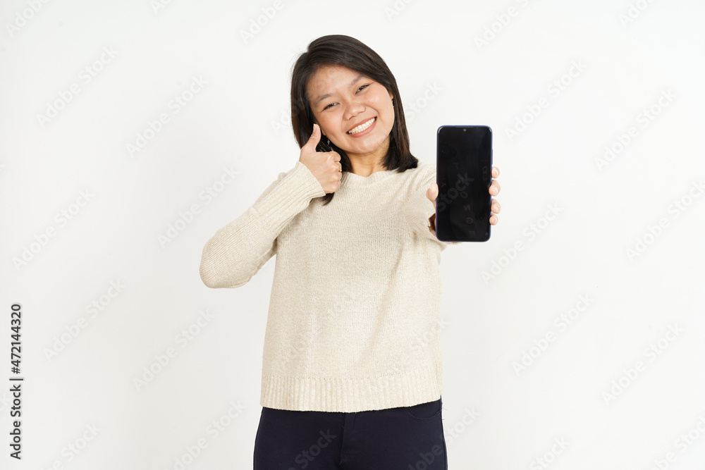 Showing on Blank Smartphone Screen of Beautiful Asian Woman Isolated On White Background Showing on Blank Smartphone Screen of Beautiful Asian Woman Isolated On White Background