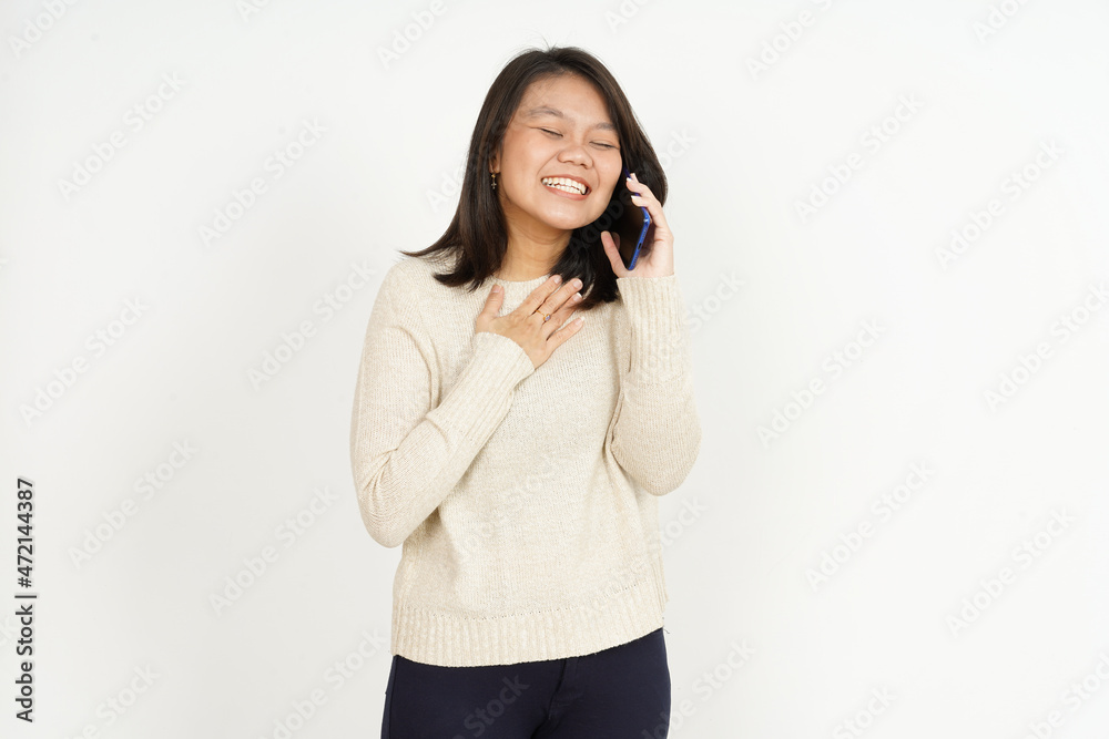 Talking on the phone and excited of Beautiful Asian Woman Isolated On White Background Talking on the phone and excited of Beautiful Asian Woman Isolated On White Background