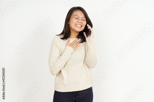 Talking on the phone and excited of Beautiful Asian Woman Isolated On White Background