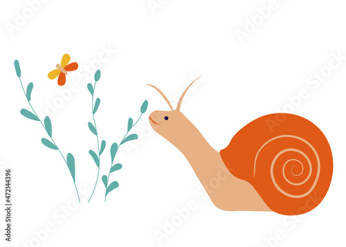 Snail vector stock illustration. Children s spring greeting card. Isolated on a white background.