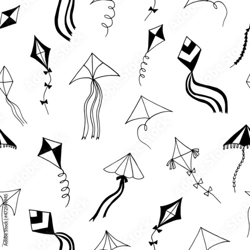 kites seamless pattern hand drawn doodle. vector, minimalism, scandinavian, monochrome, nordic. toy, sky, wind, flying, ribbon, tail. wallpaper, textile, background, wrapping paper.